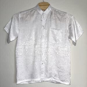 Thai Silk Mens Medium Pearl Button Up Shirt Short Sleeve Casual Mock Neck White
